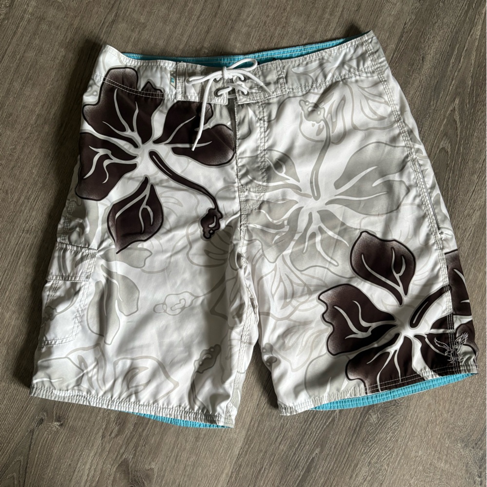 American Eagle Outfitters White and Brown Swim Trunks